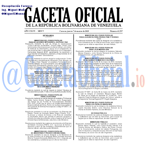 Gaceta Oficial 41597 del 7 Marzo 2019 Gaceta Oficial 41597 del 7 Marzo 2019