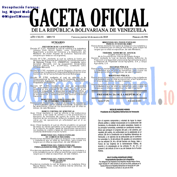 Gaceta Oficial 41598 del 14 Marzo 2019 Gaceta Oficial 41598 del 14 Marzo 2019