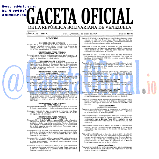 Gaceta Oficial 41604 del 22 Marzo 2019 Gaceta Oficial 41604 del 22 Marzo 2019