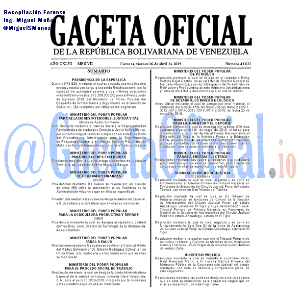 Gaceta Oficial 41621 del 26 Abril 2019 Gaceta Oficial 41621 del 26 Abril 2019