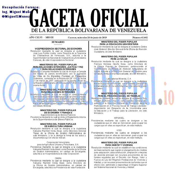 Gaceta Oficial 41662 del 26 Junio 2019 Gaceta Oficial 41662 del 26 Junio 2019
