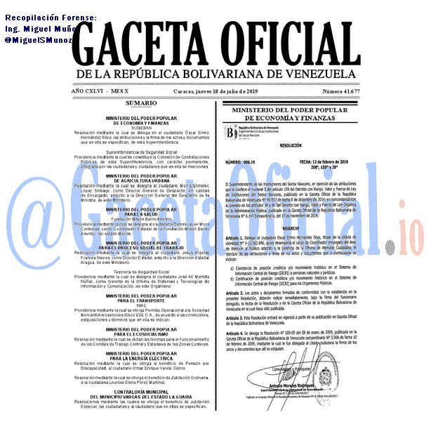Gaceta Oficial 41677 del 18 Julio 2019