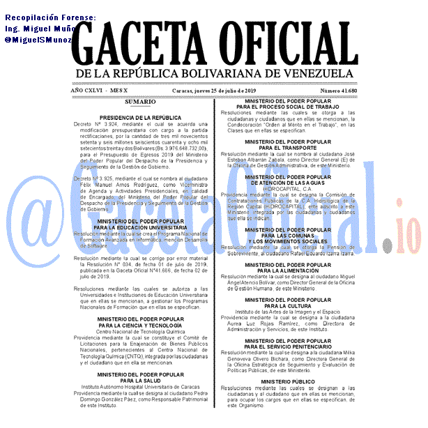 Gaceta Oficial 41680 del 25 Julio 2019 Gaceta Oficial 41680 del 25 Julio 2019