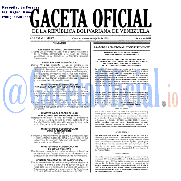 Gaceta Oficial 41683 del 30 Julio 2019 Gaceta Oficial 41683 del 30 Julio 2019