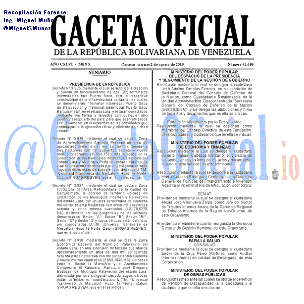 Gaceta Oficial 41686 del 2 agosto 2019 Gaceta Oficial 41686 del 2 agosto 2019