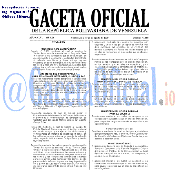 Gaceta Oficial 41698 del 20 agosto 2019