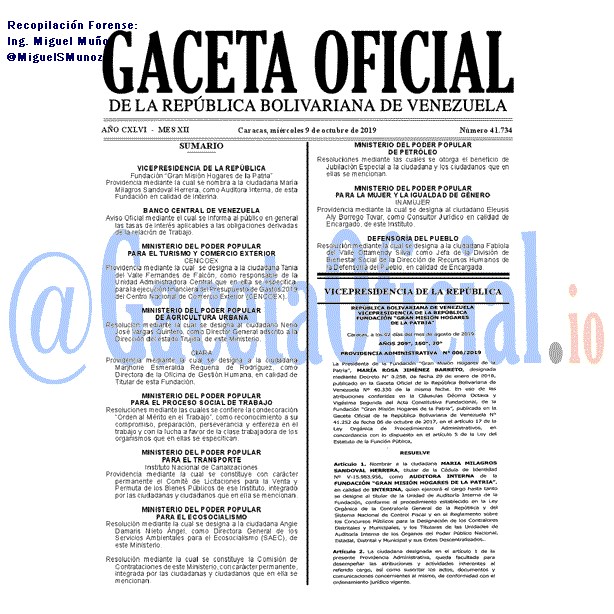 Gaceta Oficial 41734 del 9 Octubre 2019 Gaceta Oficial 41734 del 9 octubre 2019