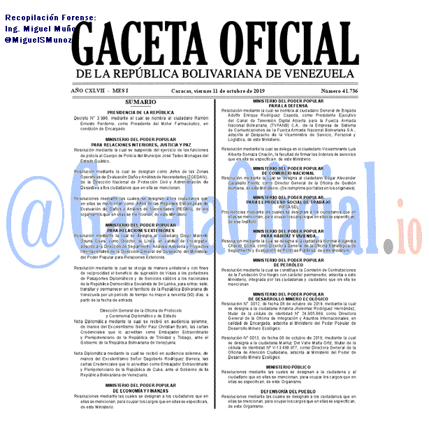 Gaceta Oficial 41736 del 11 Octubre 2019 Gaceta Oficial 41736 del 11 octubre 2019