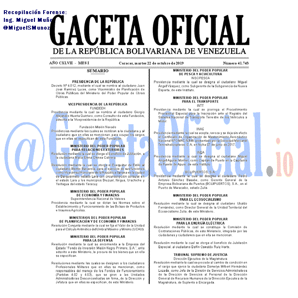Gaceta Oficial 41743 del 22 Octubre 2019 Gaceta Oficial 41743 del 22 octubre 2019