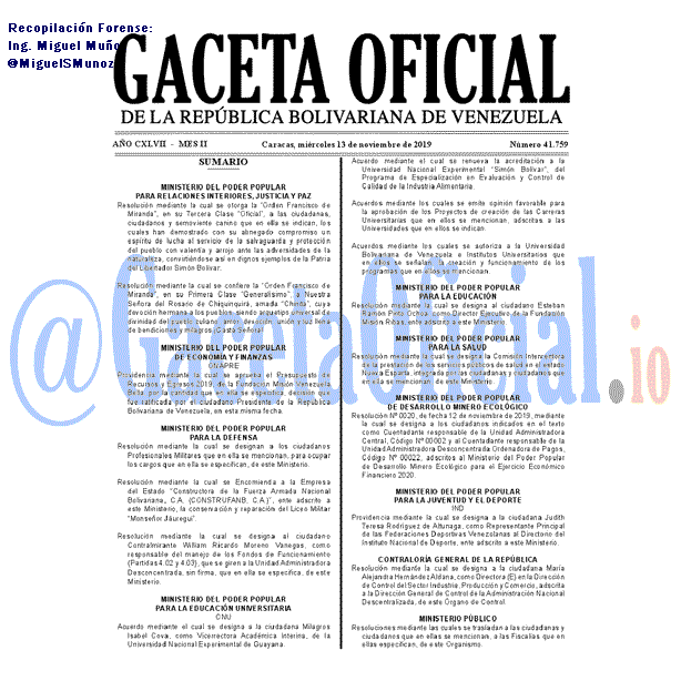 Gaceta Oficial 41759 del 13 noviembre 2019