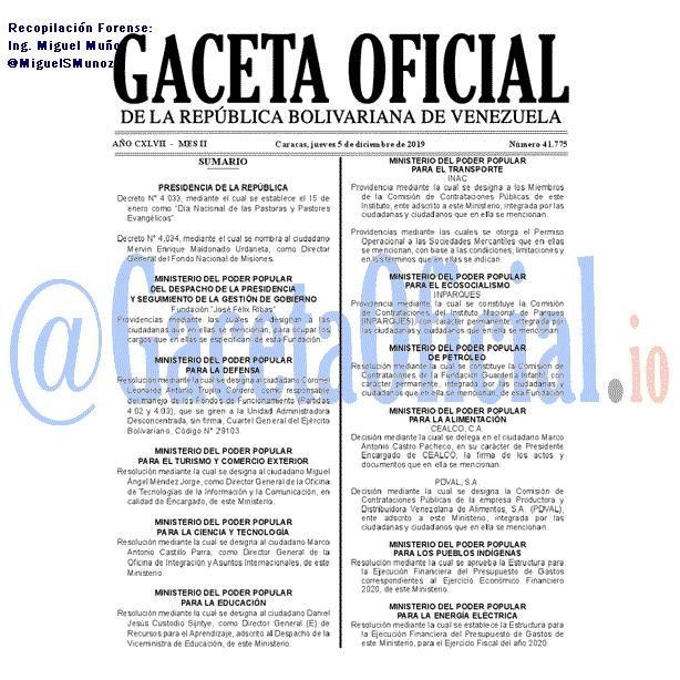 Gaceta Oficial 41775 del 5 Diciembre 2019 Gaceta Oficial 41775 del 5 Diciembre 2019