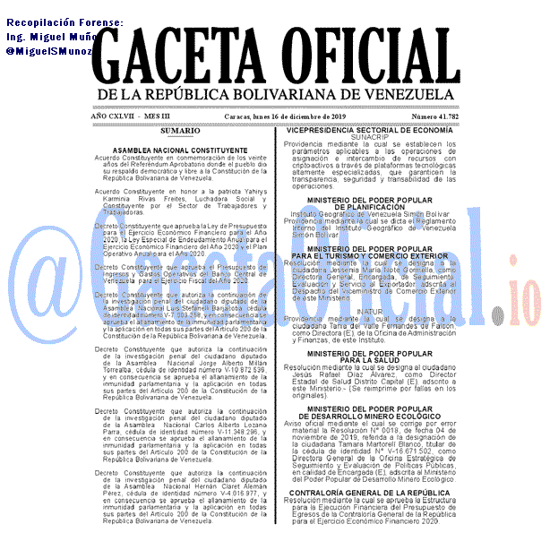 Gaceta Oficial 41782 del 16 Diciembre 2019