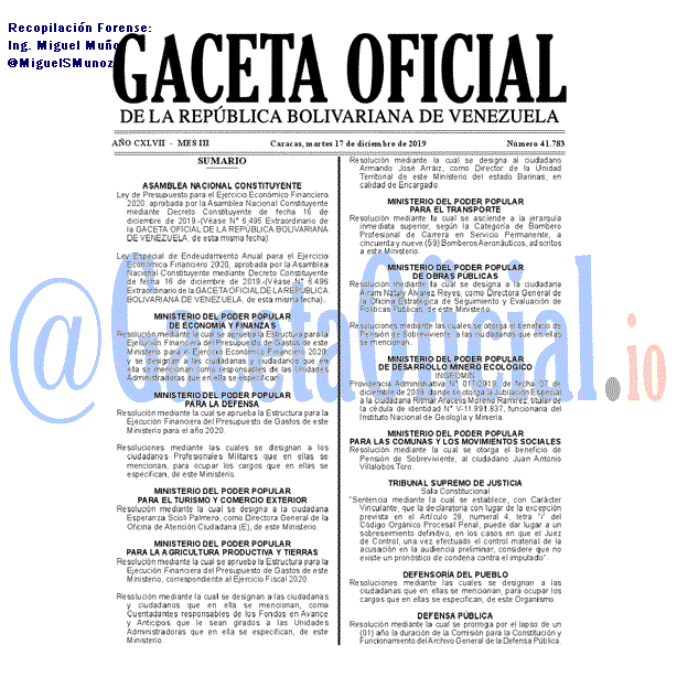 Gaceta Oficial 41783 del 17 Diciembre 2019