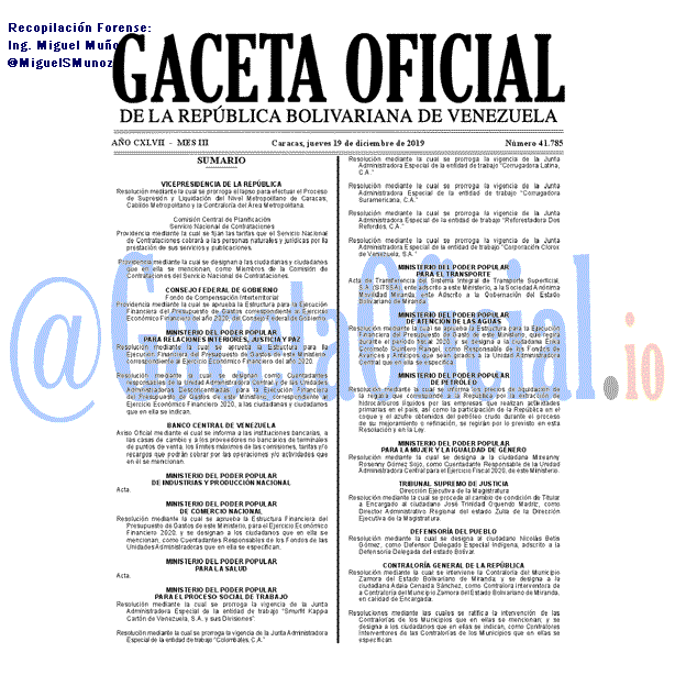 Gaceta Oficial 41785 del 19 Diciembre 2019