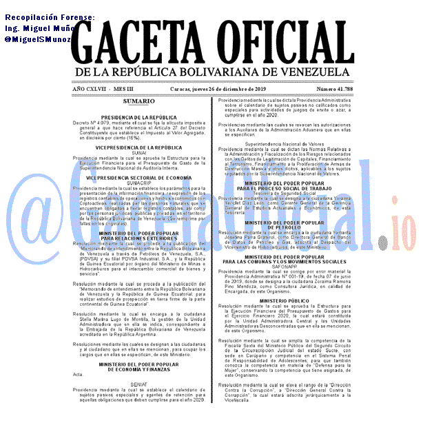 Gaceta Oficial 41788 del 26 Diciembre 2019 Gaceta Oficial 41788 del 26 Diciembre 2019