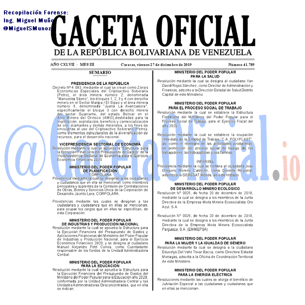 Gaceta Oficial 41789 del 27 Diciembre 2019 Gaceta Oficial 41789 del 27 Diciembre 2019