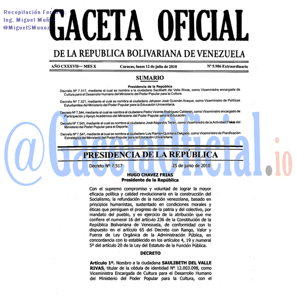 Gaceta Oficial 5986 del 12 Julio 2010