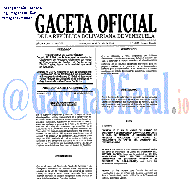 Gaceta Oficial 6237 del 12 julio 2016