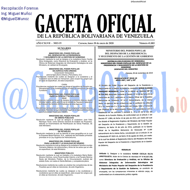 Gaceta Oficial 41803 del 20 Enero 2020 Gaceta Oficial 41803 del 20 Enero 2020