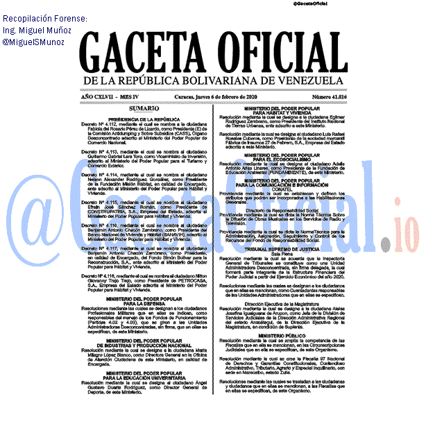 Gaceta Oficial 41816 del 6 febrero 2020