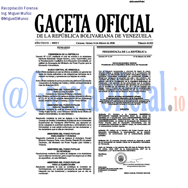 Gaceta Oficial 41822 del 14 febrero 2020 Gaceta Oficial 41822 del 14 febrero 2020