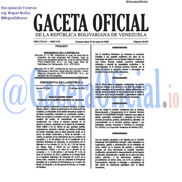 Gaceta Oficial 41876 del 11 mayo 2020 Gaceta Oficial 41876 del 11 mayo 2020
