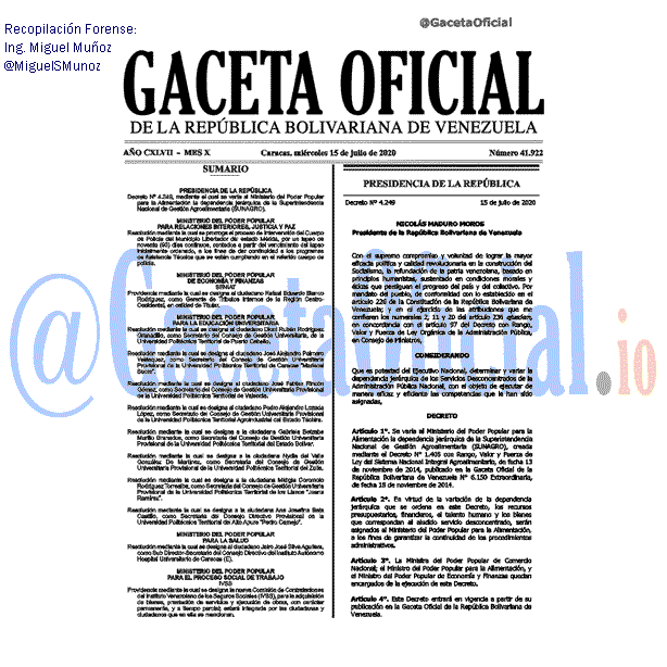 Gaceta Oficial 41922 del 15 julio 2020 Gaceta Oficial 41922 del 15 julio 2020