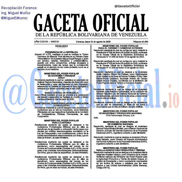 Gaceta Oficial 41954 del 31 Agosto 2020 Gaceta Oficial 41954 del 31 agosto 2020