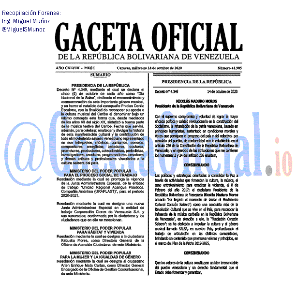 Venezuela Gaceta Oficial 41985 del 14 octubre 2020