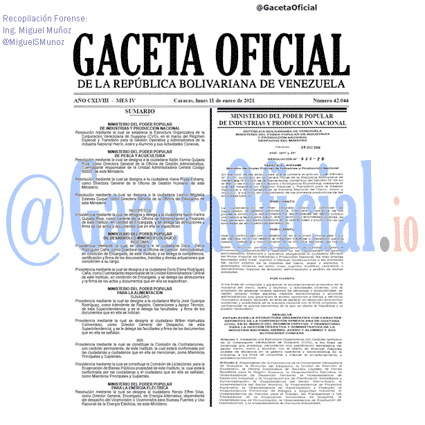 Gaceta Oficial 42044 del 11 Enero 2021 Gaceta Oficial 42044 del 11 Enero 2021