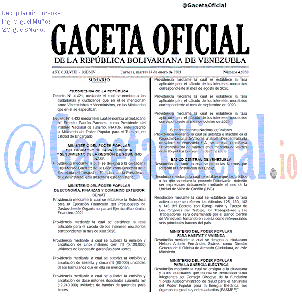 Gaceta Oficial 42050 del 19 Enero 2021 Gaceta Oficial 42050 del 19 Enero 2021