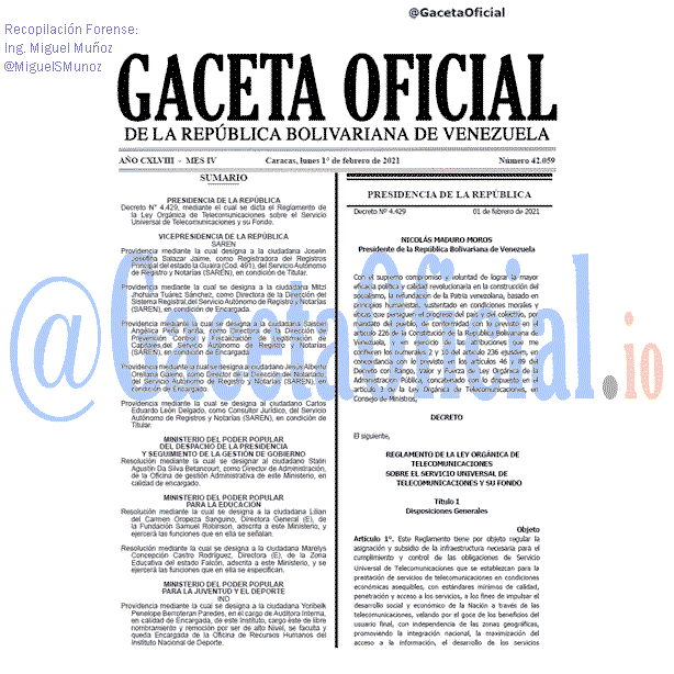 Gaceta Oficial 42059 del 1 febrero 2021 Gaceta Oficial 42059 del 1 febrero 2021
