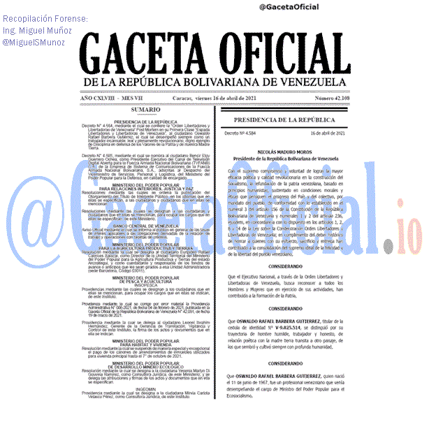 Gaceta Oficial 42108 del 16 abril 2021 Gaceta Oficial 42108 del 16 abril 2021
