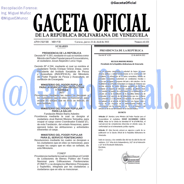 Gaceta Oficial 42111 del 22 abril 2021