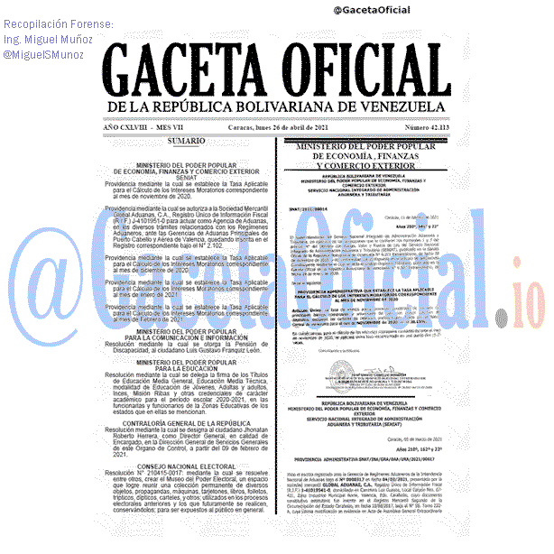 Gaceta Oficial 42113 del 26 abril 2021 Gaceta Oficial 42113 del 26 abril 2021