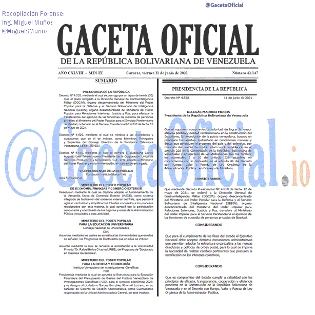 Gaceta Oficial 42147 del 11 junio 2021 Gaceta Oficial 42147 del 11 junio 2021