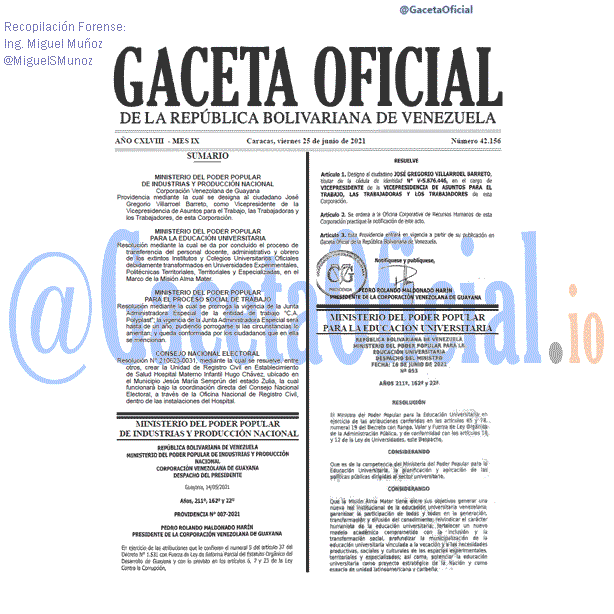 Gaceta Oficial 42156 del 25 junio 2021 Gaceta Oficial 42156 del 25 junio 2021