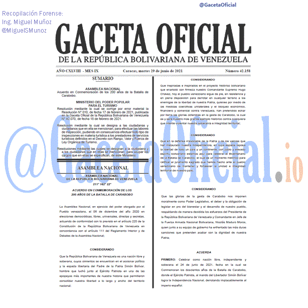 Gaceta Oficial 42158 del 29 junio 2021 Gaceta Oficial 42158 del 29 junio 2021