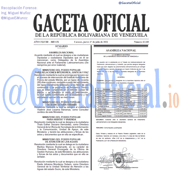 Gaceta Oficial 42160 del 01 julio 2021