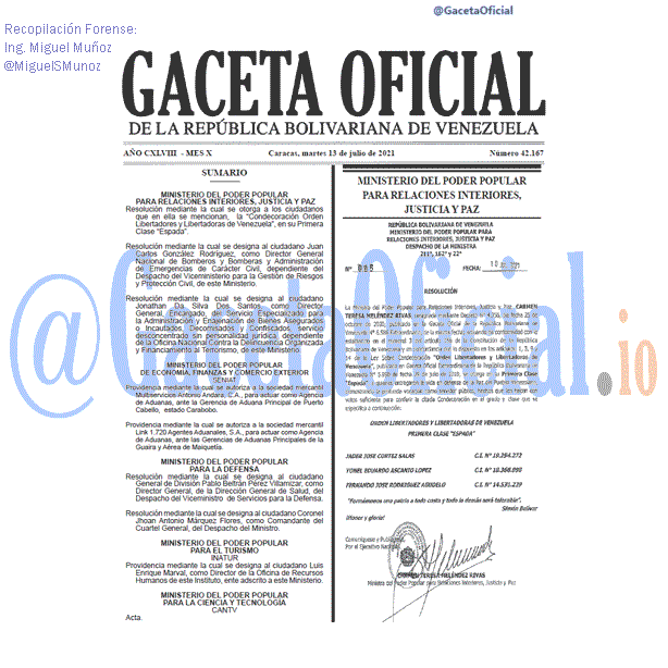 Gaceta Oficial 42167 del 13 julio 2021
