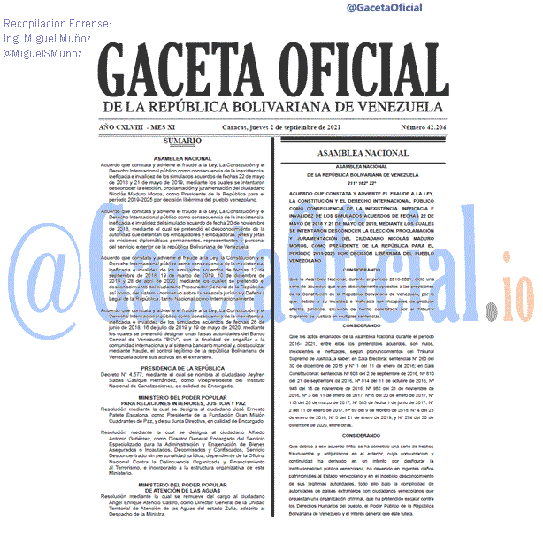 Gaceta Oficial 42204 del 2 septiembre 2021 Gaceta Oficial 42204 del 2 septiembre 2021