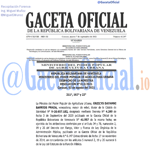 Gaceta Oficial 42207 del 7 septiembre 2021 Gaceta Oficial 42207 del 7 septiembre 2021