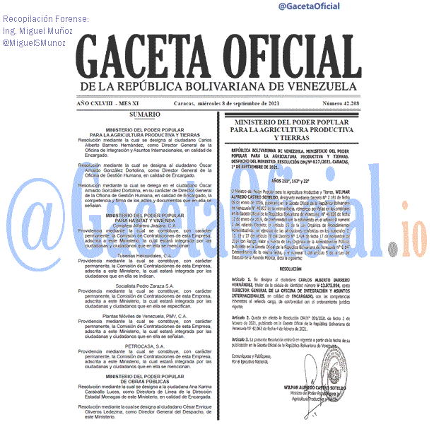 Gaceta Oficial 42208 del 8 septiembre 2021 Gaceta Oficial 42208 del 8 septiembre 2021