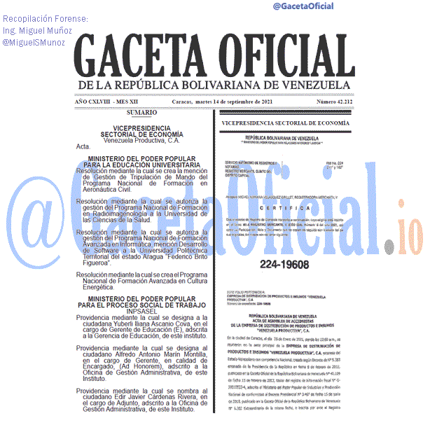 Gaceta Oficial 42212 del 14 septiembre 2021 Gaceta Oficial 42212 del 14 septiembre 2021