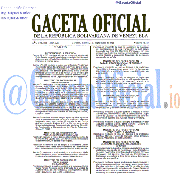 Gaceta Oficial 42217 del 21 septiembre 2021 Gaceta Oficial 42217 del 21 septiembre 2021