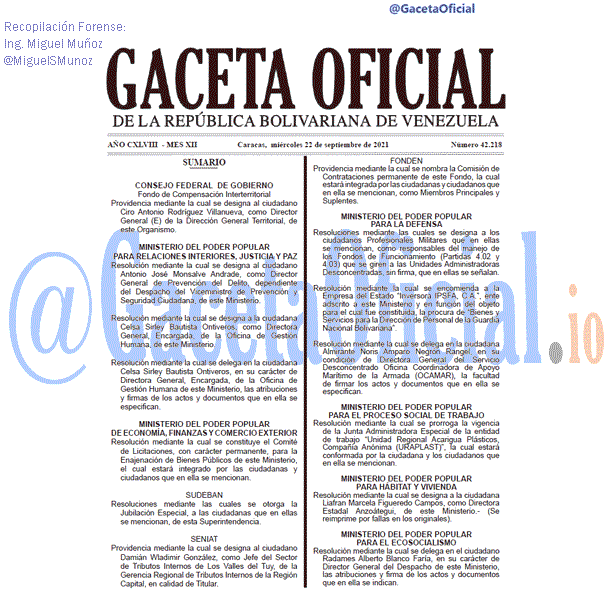 Gaceta Oficial 42218 del 22 septiembre 2021 Gaceta Oficial 42218 del 21 septiembre 2021