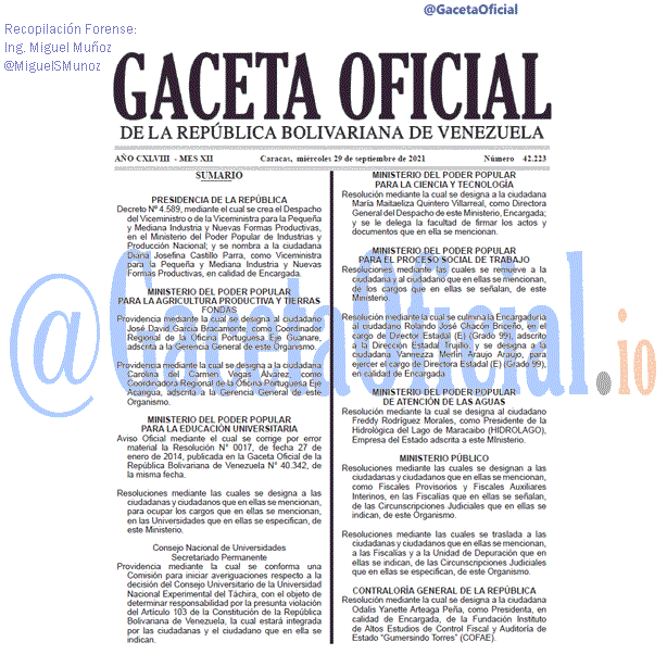 Gaceta Oficial 42223 del 29 septiembre 2021