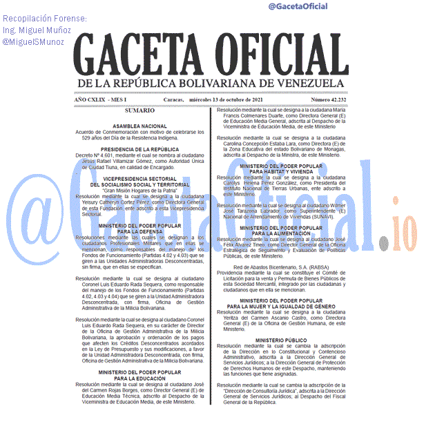 Gaceta Oficial 42232 del 12 octubre 2021 Gaceta Oficial 42232 del 12 octubre 2021