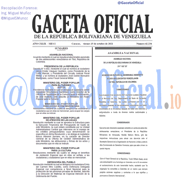 Gaceta Oficial 42234 del 15 octubre 2021 Gaceta Oficial 42234 del 15 octubre 2021