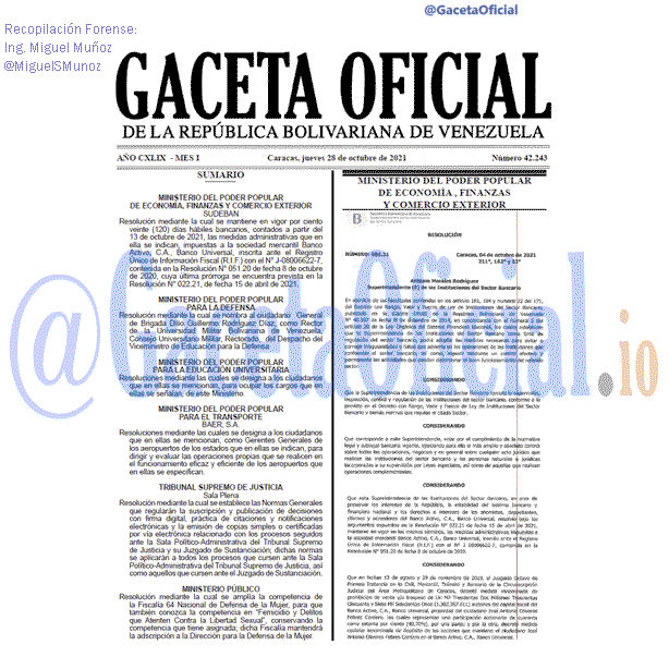 Gaceta Oficial 42243 del 28 octubre 2021 Gaceta Oficial 42243 del 28 octubre 2021